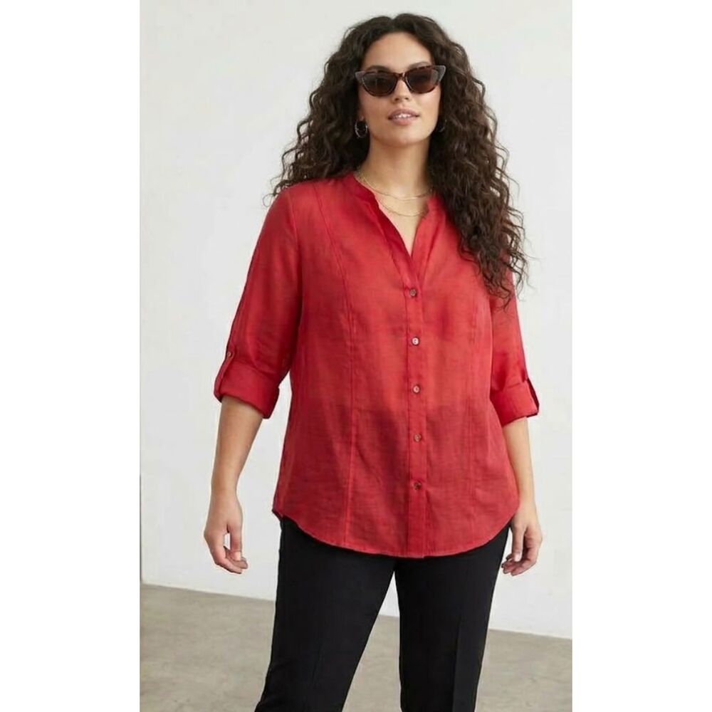New Lane Bryant Semi Sheer Roll Sleeve Button Down Shirt Red Women's Size 14-16